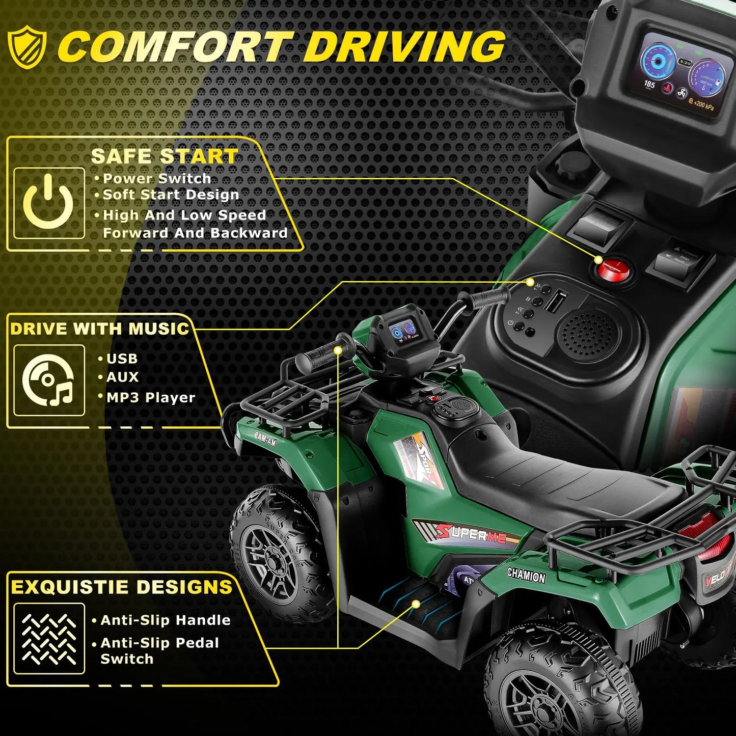 Kids 12V Ride on ATV , Electric Vehicle for Toddlers,High/Low 2.2mph Safety Speed, Forward/Backward,LED Light, Music,USB, Green