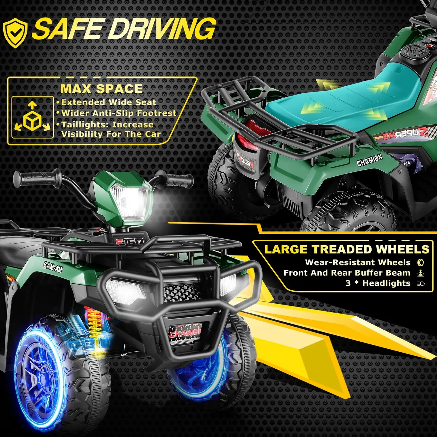 Kids 12V Ride on ATV , Electric Vehicle for Toddlers,High/Low 2.2mph Safety Speed, Forward/Backward,LED Light, Music,USB, Green