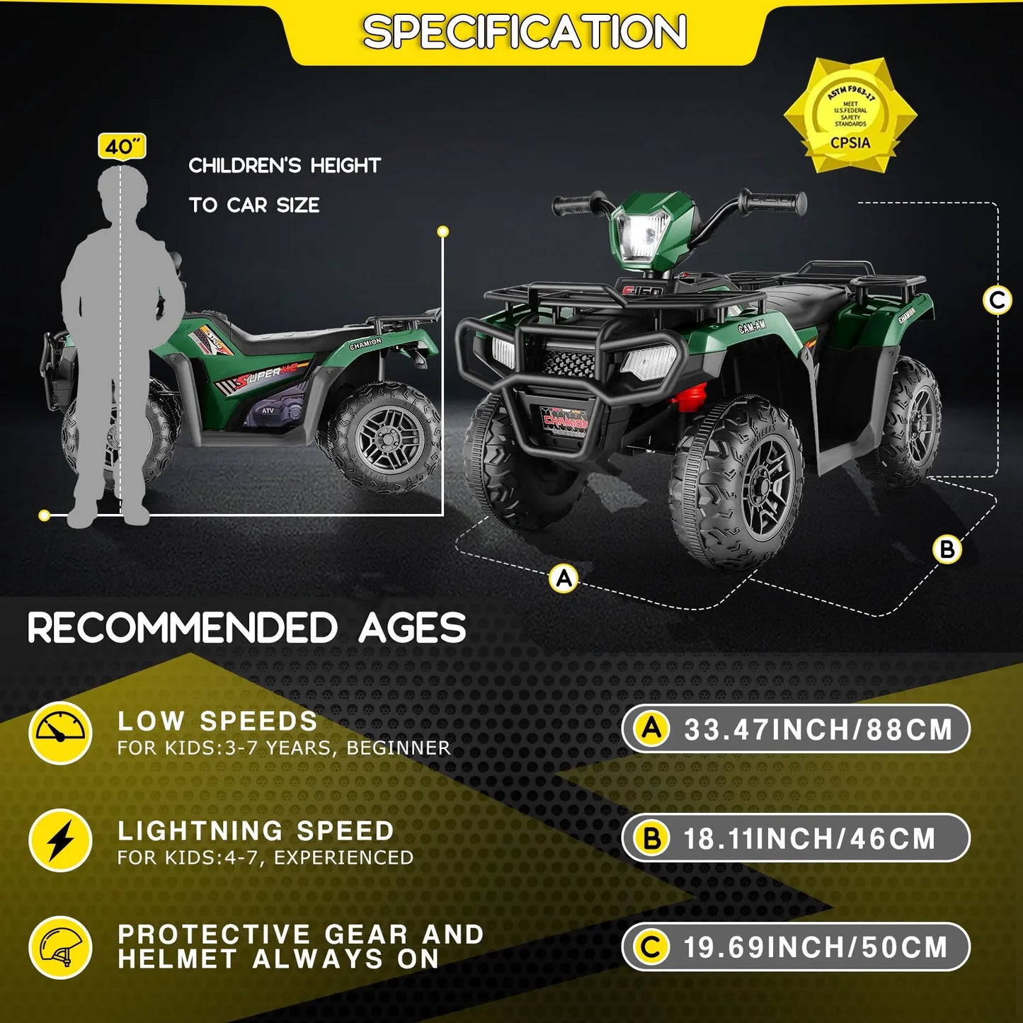 Kids 12V Ride on ATV , Electric Vehicle for Toddlers,High/Low 2.2mph Safety Speed, Forward/Backward,LED Light, Music,USB, Green