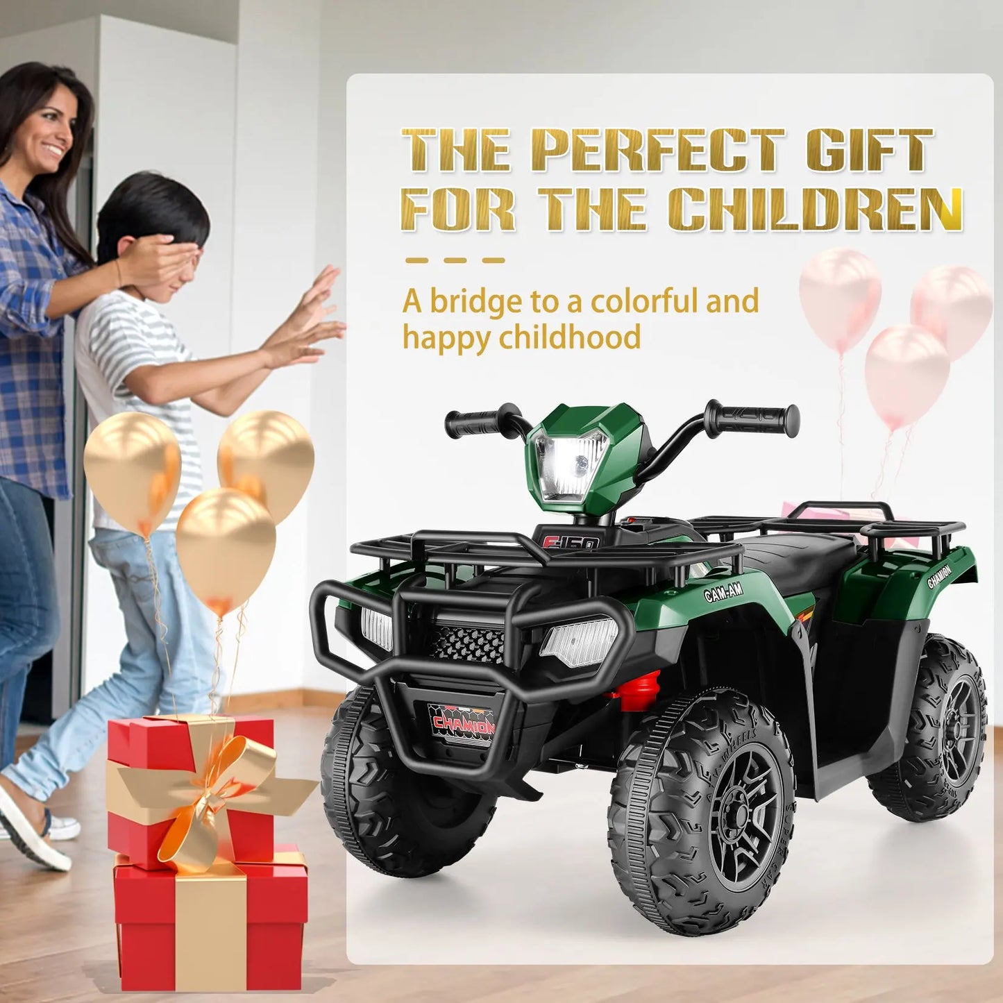 Kids 12V Ride on ATV , Electric Vehicle for Toddlers,High/Low 2.2mph Safety Speed, Forward/Backward,LED Light, Music,USB, Green