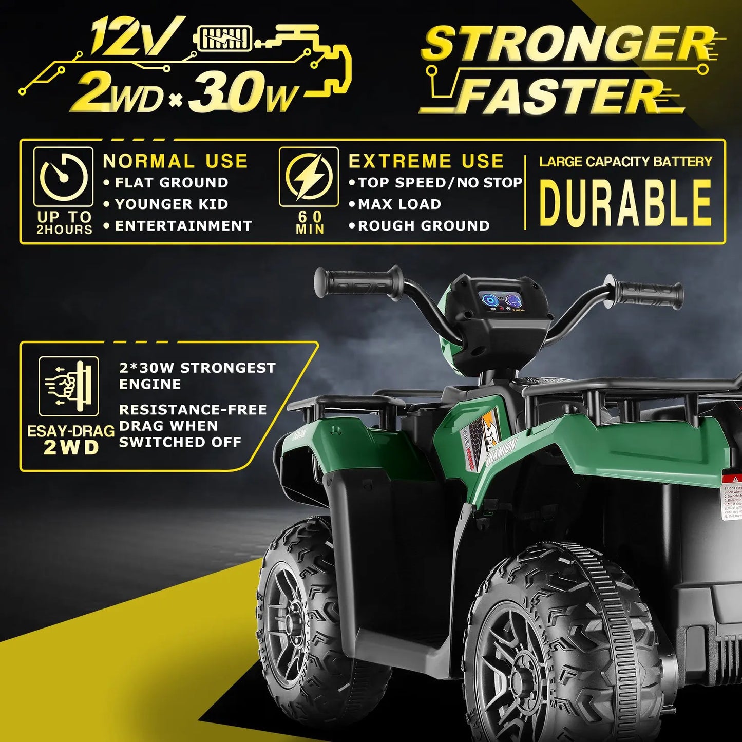 Kids 12V Ride on ATV , Electric Vehicle for Toddlers,High/Low 2.2mph Safety Speed, Forward/Backward,LED Light, Music,USB, Green