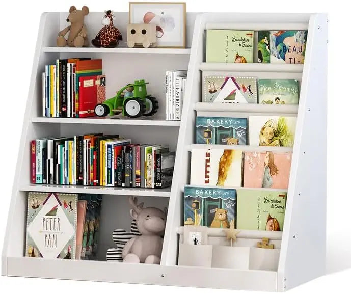 Kids Bookshelf and Toy Storage Organizer, 4 Tier Wooden Kids Book Shelf with Sling Book Rack in Kids Room Playroom Nursery