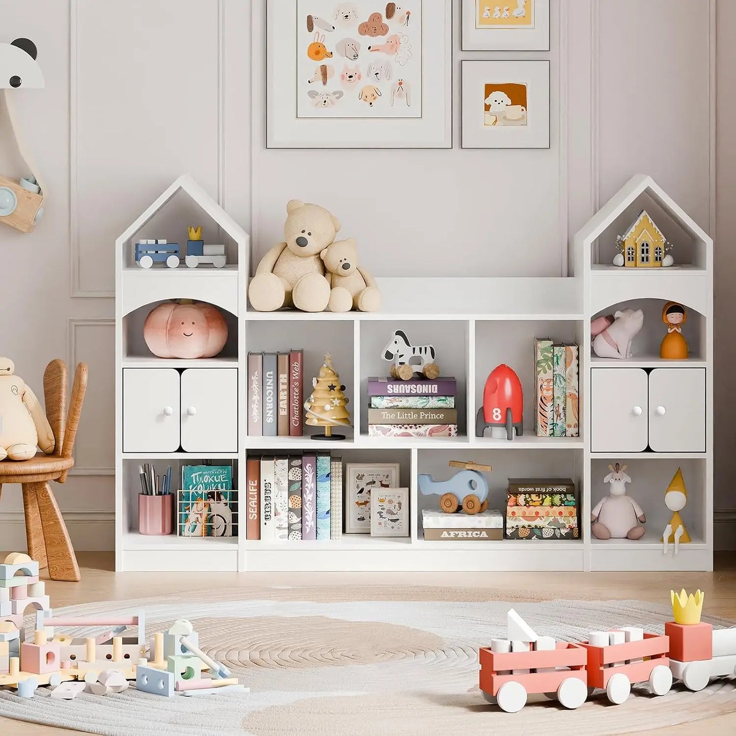 Castle Shape Children's Bookshelf, Kids Bookcase Display Case Kids Toy Storage Organizer Multifunctional Storage Cabinet