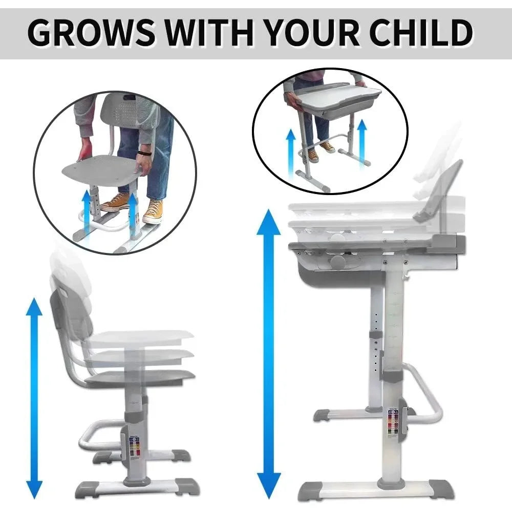 Kids Desk and Chair Set, Children School Study Desk with Tilt Desktop, Bookstand, LED Lamp, for Boys Girls, (Grey)