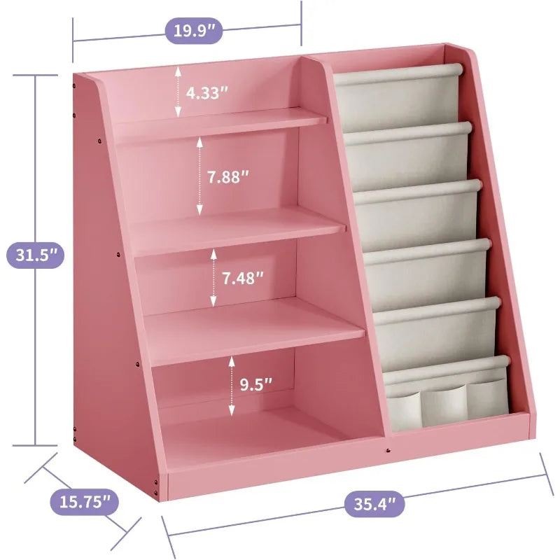 Kids Bookshelf and Toy Storage Organizer, 4 Tier Wooden Kids Book Shelf with Sling Book Rack in Kids Room Playroom Nursery