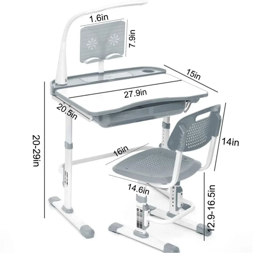 Kids Desk and Chair Set, Children School Study Desk with Tilt Desktop, Bookstand, LED Lamp, for Boys Girls, (Grey)