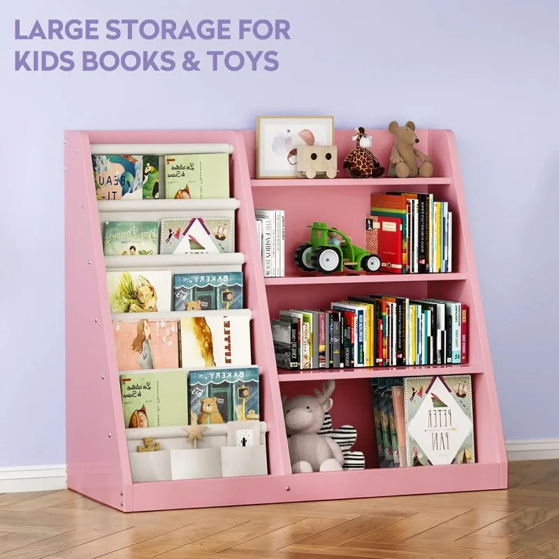 Kids Bookshelf and Toy Storage Organizer, 4 Tier Wooden Kids Book Shelf with Sling Book Rack in Kids Room Playroom Nursery