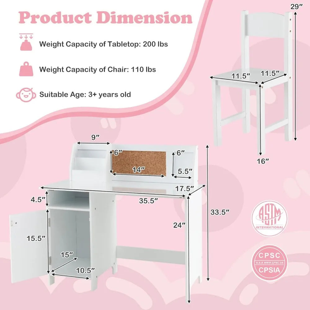 Kids Desk and Chair Set, Wooden Children School Study Table and Chair w/Whiteboard, Hutch, Storage Shelves,3+ Years Old (White)