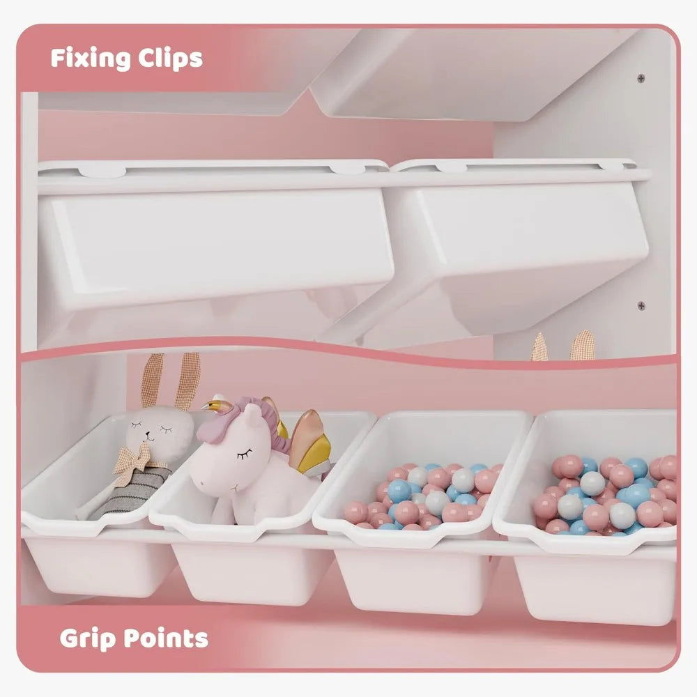 Kids Toy Storage Organizer W/8 Removable Toy Bins, 4-Tier Toy Organizers W/6 Storage Cubbies, Kids Bookshelf and Storage