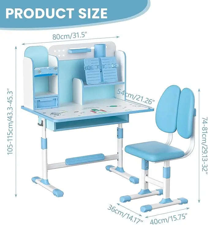 Kids Functional Desk and Chair Set, Ergonomic Height Adjustable Children School Study Desk with Tilt Desktop, Book Stand