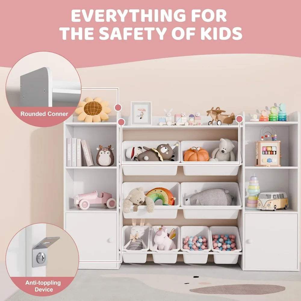Kids Toy Storage Organizer W/8 Removable Toy Bins, 4-Tier Toy Organizers W/6 Storage Cubbies, Kids Bookshelf and Storage