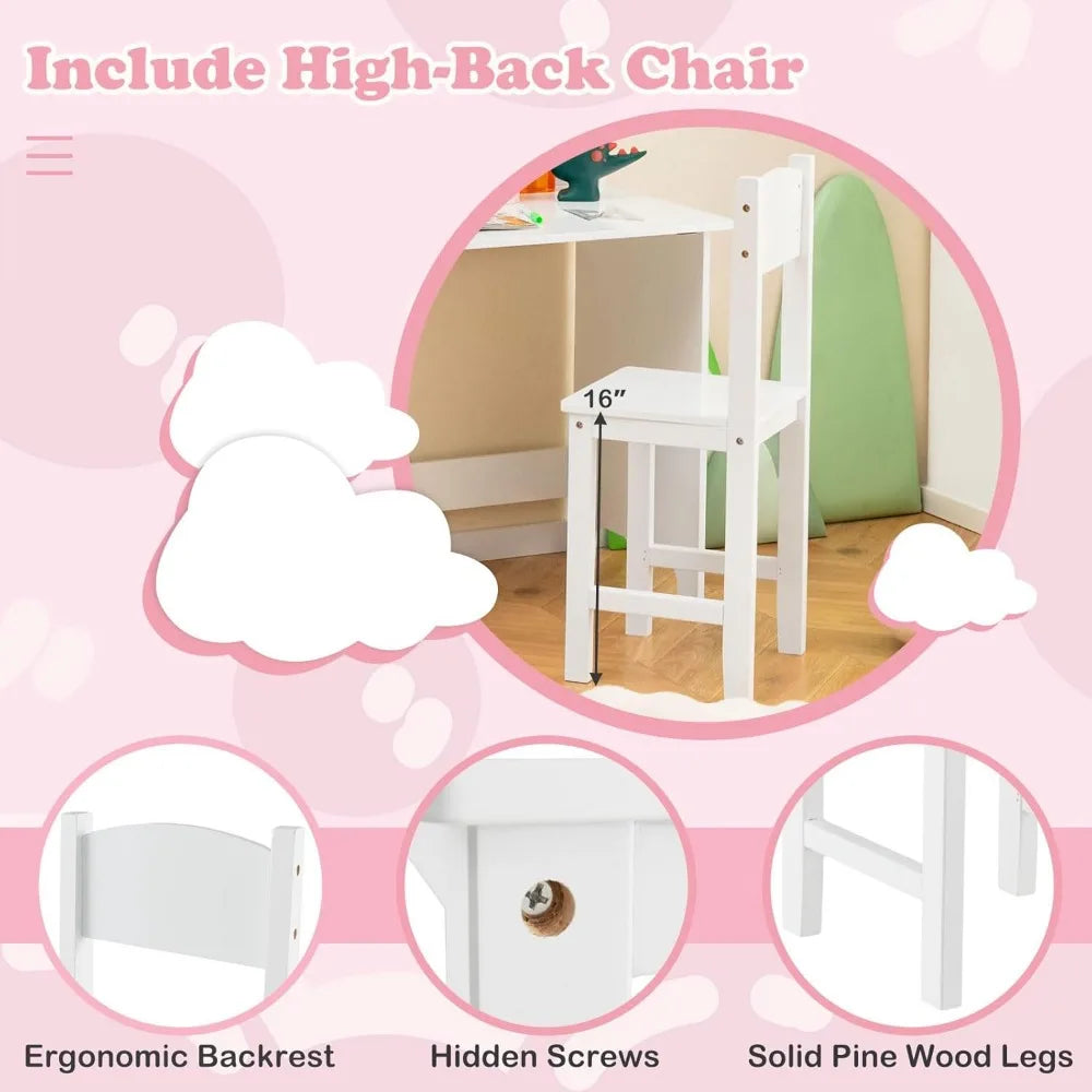 Kids Desk and Chair Set, Wooden Children School Study Table and Chair w/Whiteboard, Hutch, Storage Shelves,3+ Years Old (White)