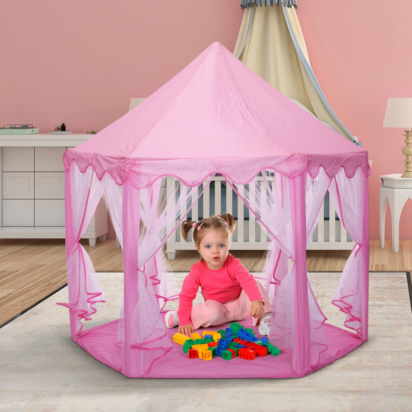 53"H Princess Castle Play Tent Indoor and Outdoor Pink House with LED Star Lights for Kids