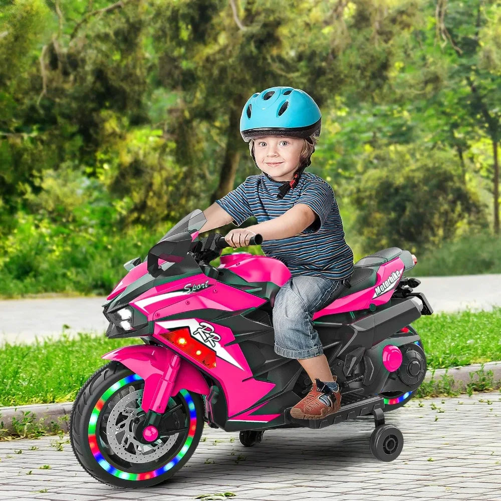12V Electric Kids' Ride on Vehicles, Powered Toy Motorcycle, Child Motorcycle Ride on With Light Wheels and Bluetooth Music Pink