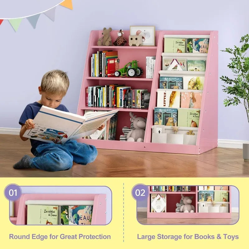 Kids Bookshelf and Toy Storage Organizer, 4 Tier Wooden Kids Book Shelf with Sling Book Rack in Kids Room Playroom Nursery