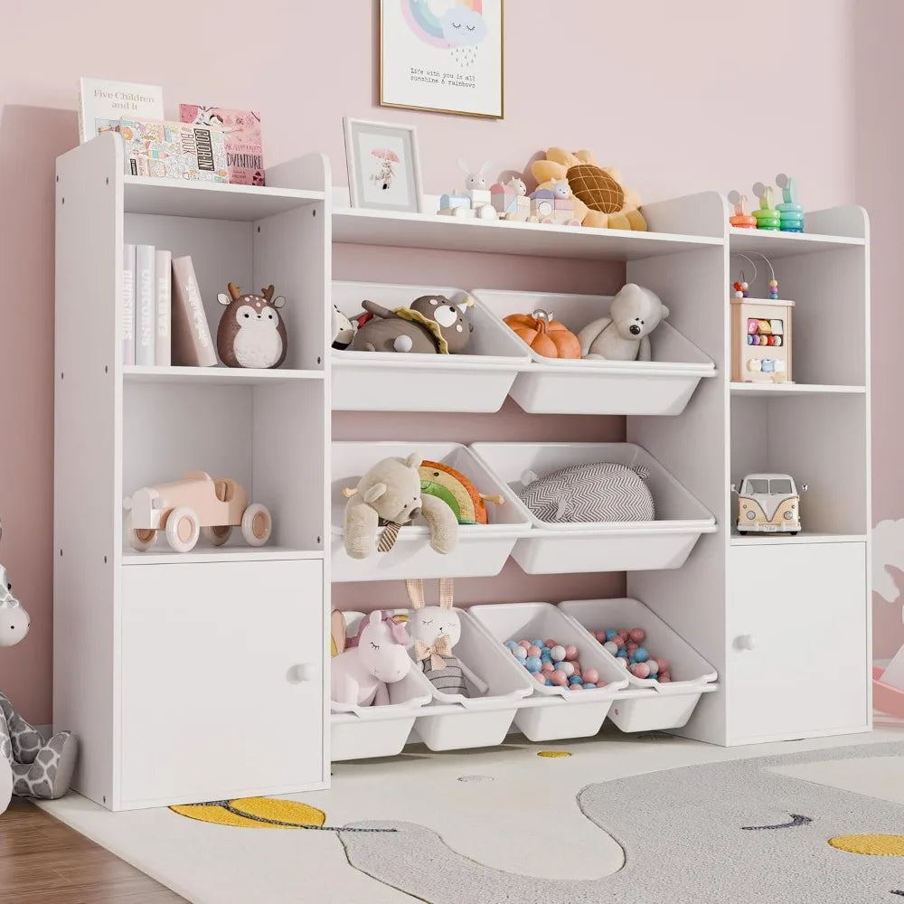 Kids Toy Storage Organizer W/8 Removable Toy Bins, 4-Tier Toy Organizers W/6 Storage Cubbies, Kids Bookshelf and Storage