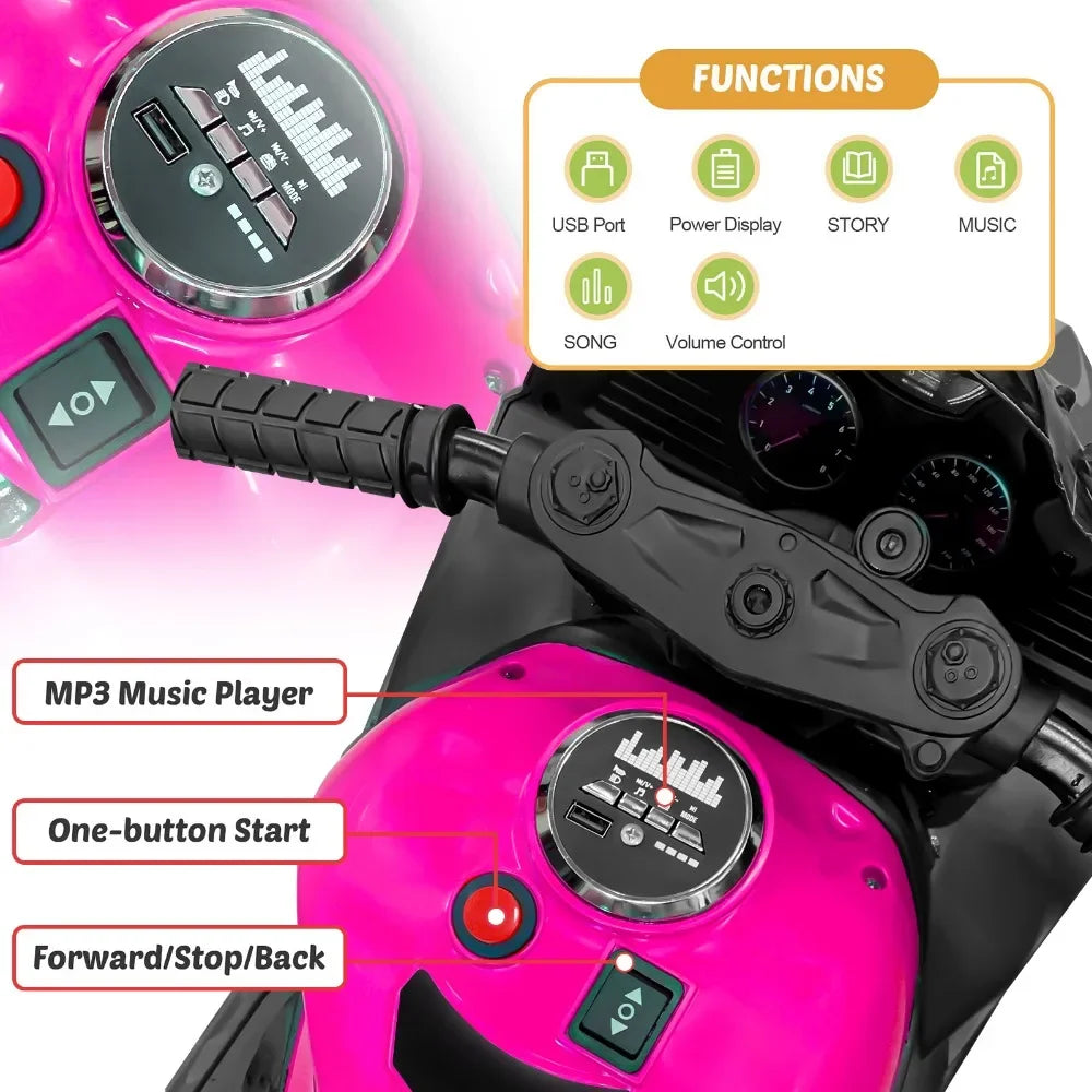 12V Electric Kids' Ride on Vehicles, Powered Toy Motorcycle, Child Motorcycle Ride on With Light Wheels and Bluetooth Music Pink