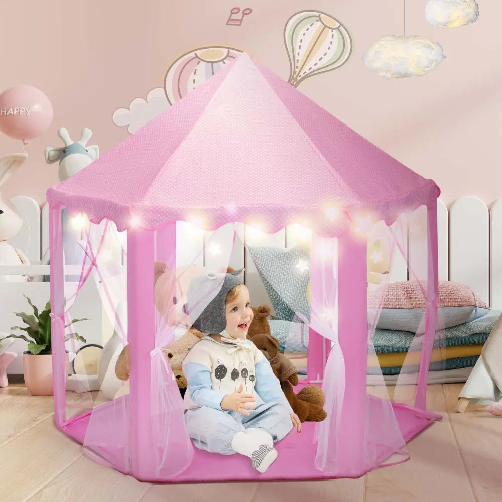 53"H Princess Castle Play Tent Indoor and Outdoor Pink House with LED Star Lights for Kids