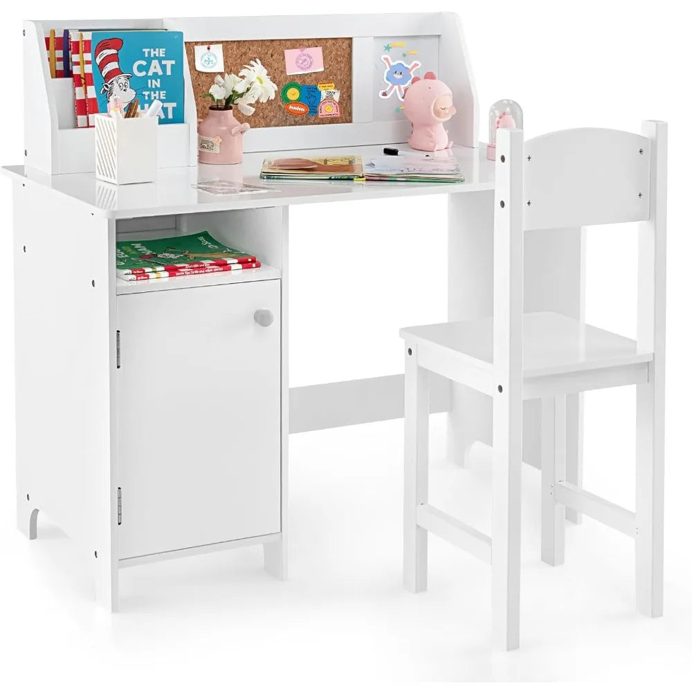 Kids Desk and Chair Set, Wooden Children School Study Table and Chair w/Whiteboard, Hutch, Storage Shelves,3+ Years Old (White)