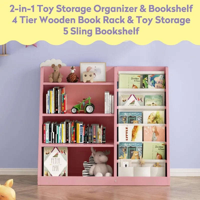 Kids Bookshelf and Toy Storage Organizer, 4 Tier Wooden Kids Book Shelf with Sling Book Rack in Kids Room Playroom Nursery