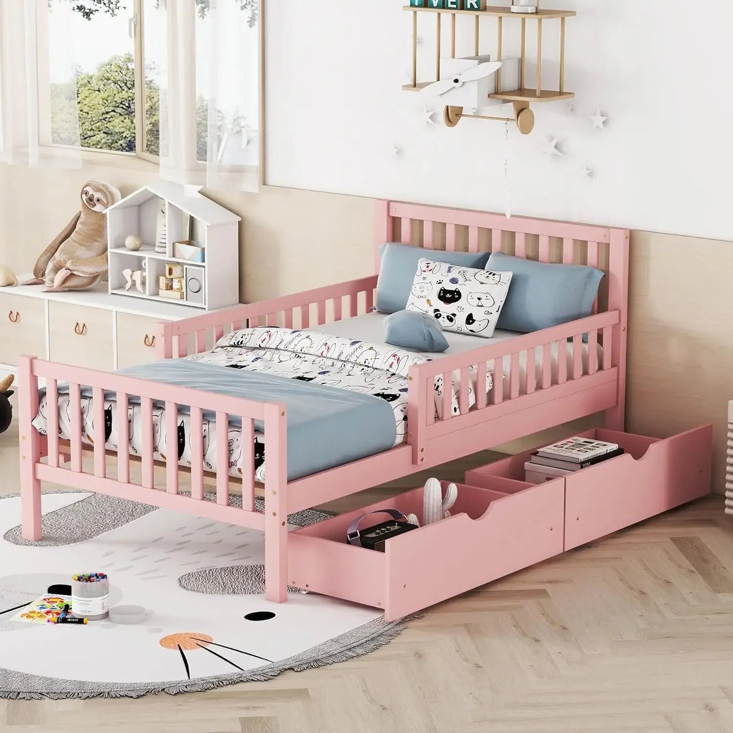Twin Bed Frame with Storage Drawers and Fence Rails,Wood Platform Beds with Headboard and Slat Support for Kids Boys Girls Teens