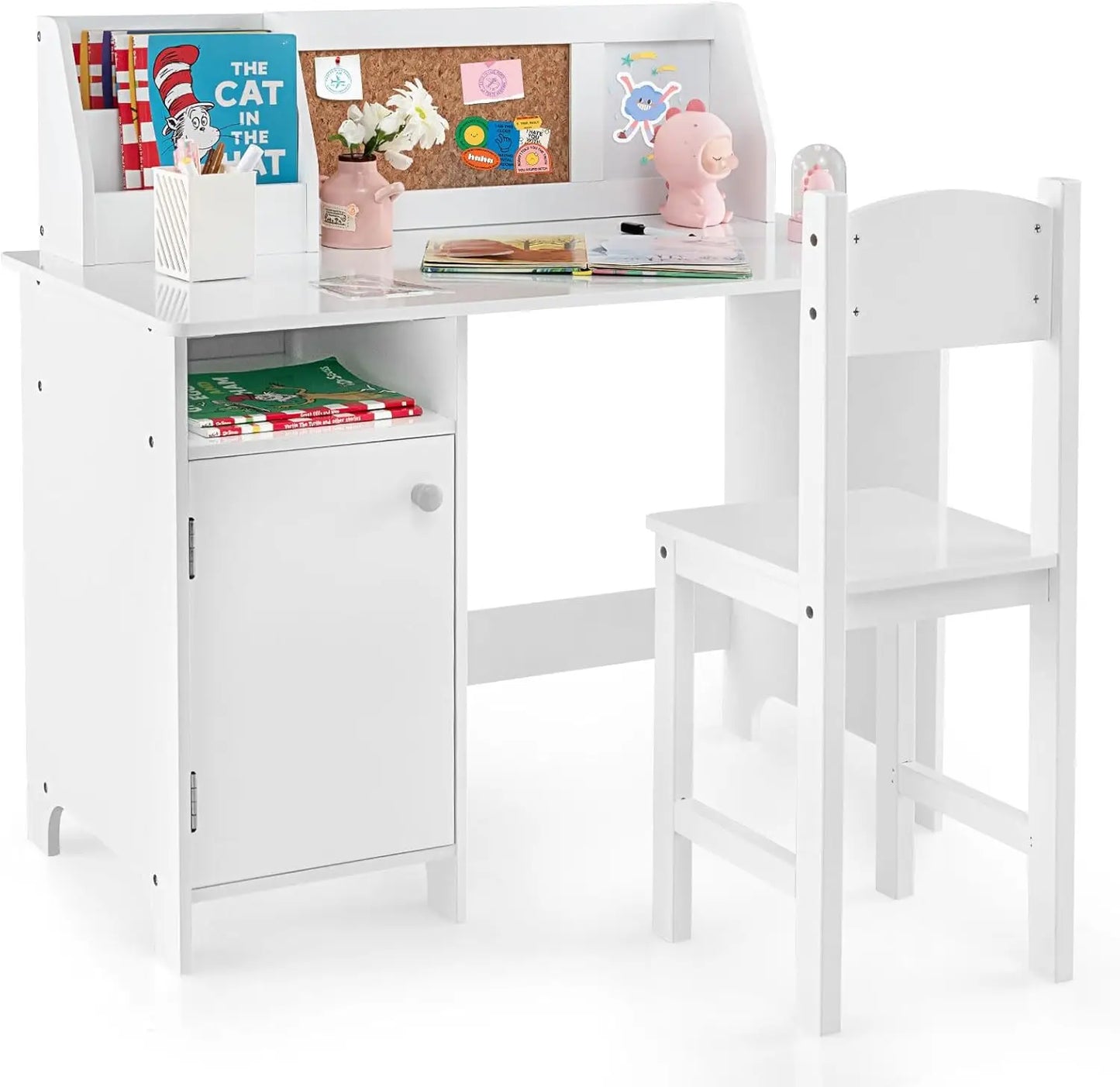Kids Desk and Chair Set, Wooden Children School Study Table and Chair w/Whiteboard, Hutch, Storage Shelves,3+ Years Old (White)