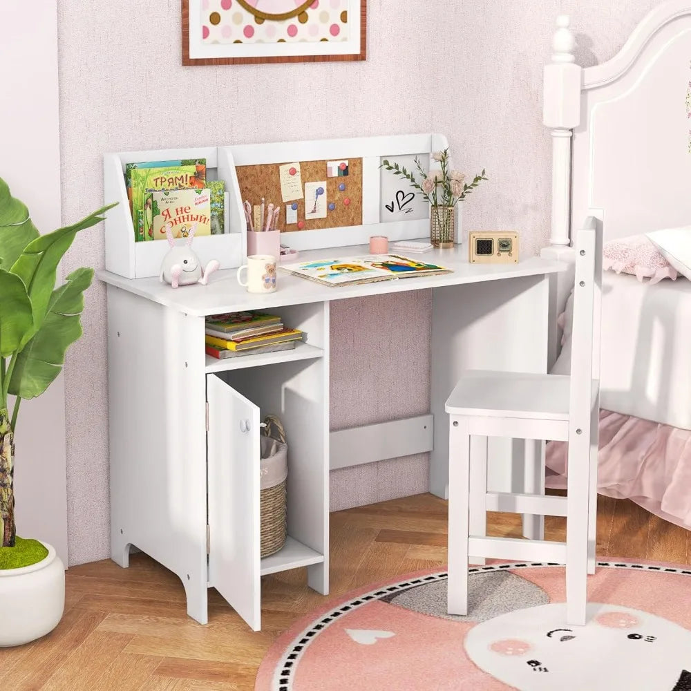 Kids Desk and Chair Set, Wooden Children School Study Table and Chair w/Whiteboard, Hutch, Storage Shelves,3+ Years Old (White)