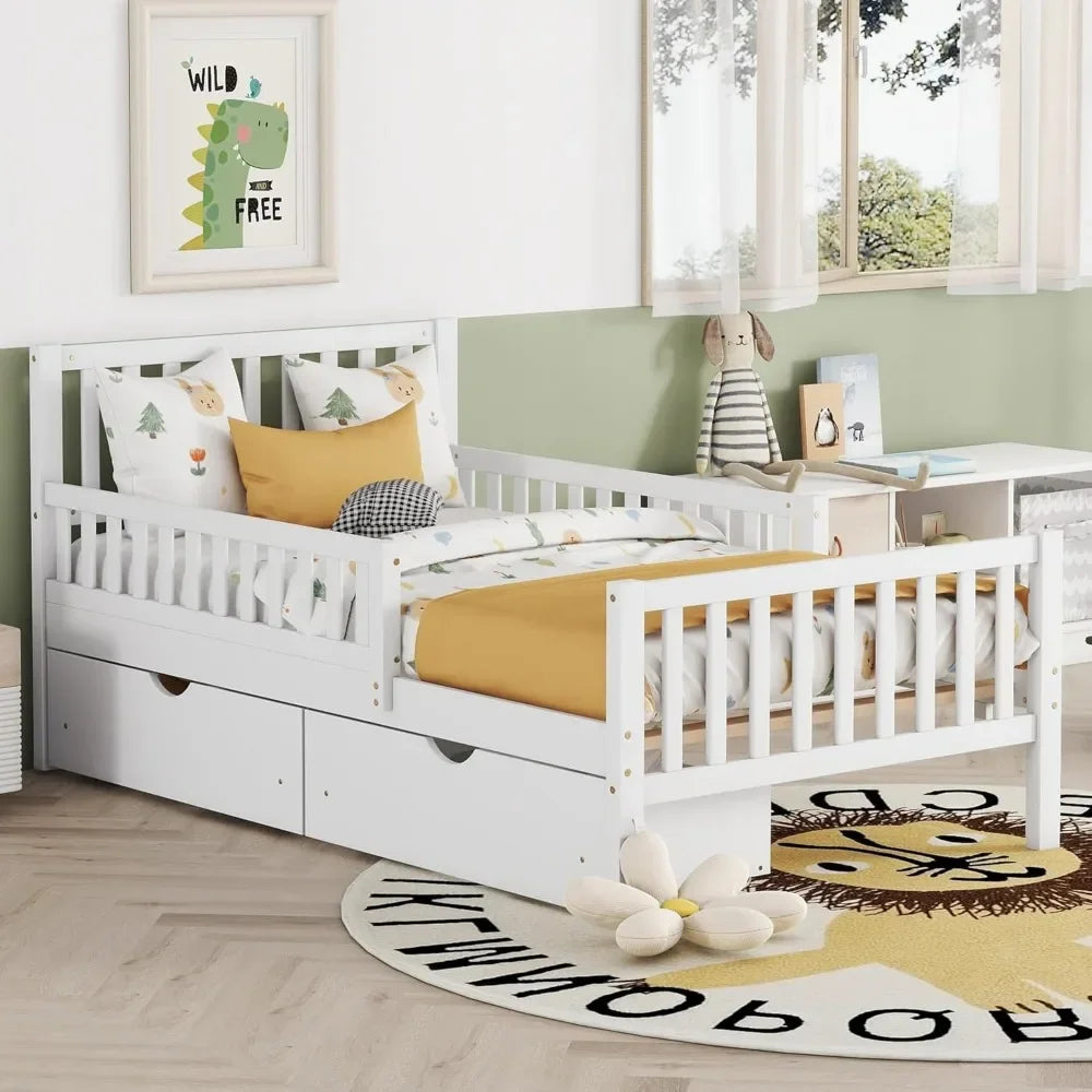 Twin Bed Frame with Storage Drawers and Fence Rails,Wood Platform Beds with Headboard and Slat Support for Kids Boys Girls Teens