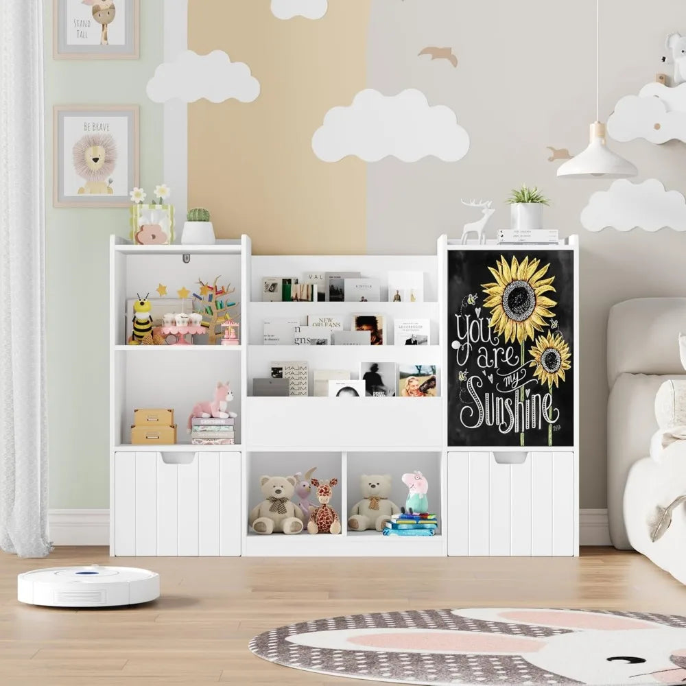 Toy Storage Organizer, Large Toy Organizer and Storage with Chalkboard,Kids Bookshelf and Bookcase with Movable Drawers