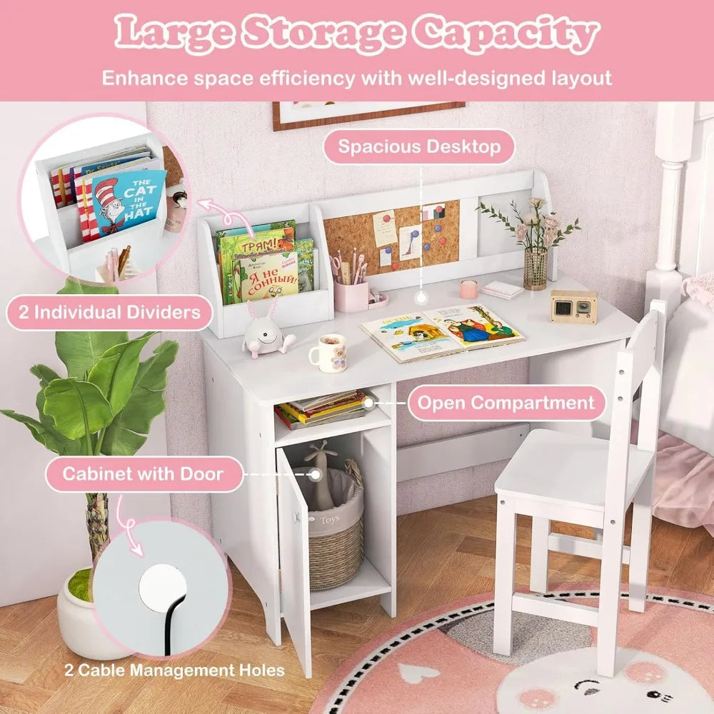 Kids Desk and Chair Set, Wooden Children School Study Table and Chair w/Whiteboard, Hutch, Storage Shelves,3+ Years Old (White)