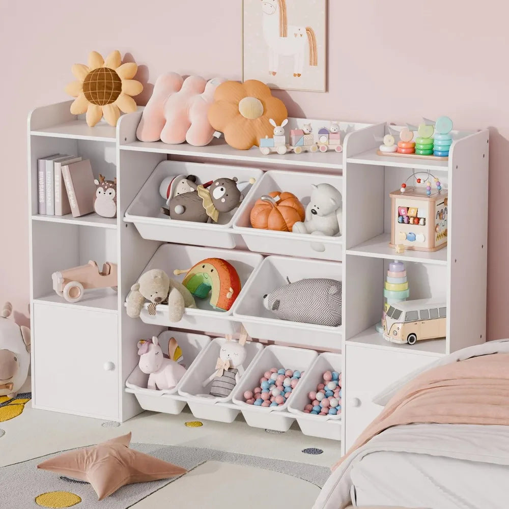 Kids Toy Storage Organizer W/8 Removable Toy Bins, 4-Tier Toy Organizers W/6 Storage Cubbies, Kids Bookshelf and Storage