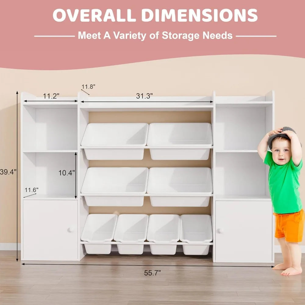 Kids Toy Storage Organizer W/8 Removable Toy Bins, 4-Tier Toy Organizers W/6 Storage Cubbies, Kids Bookshelf and Storage