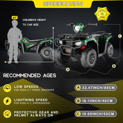 Kids 12V Ride on ATV , Electric Vehicle for Toddlers,High/Low 2.2mph Safety Speed, Forward/Backward,LED Light, Music,USB, Green