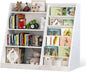 Kids Bookshelf and Toy Storage Organizer, 4 Tier Wooden Kids Book Shelf with Sling Book Rack in Kids Room Playroom Nursery