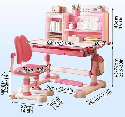 Kids Functional Desk and Chair Set, Ergonomic Height Adjustable Children School Study Desk with Tilt Desktop, Book Stand