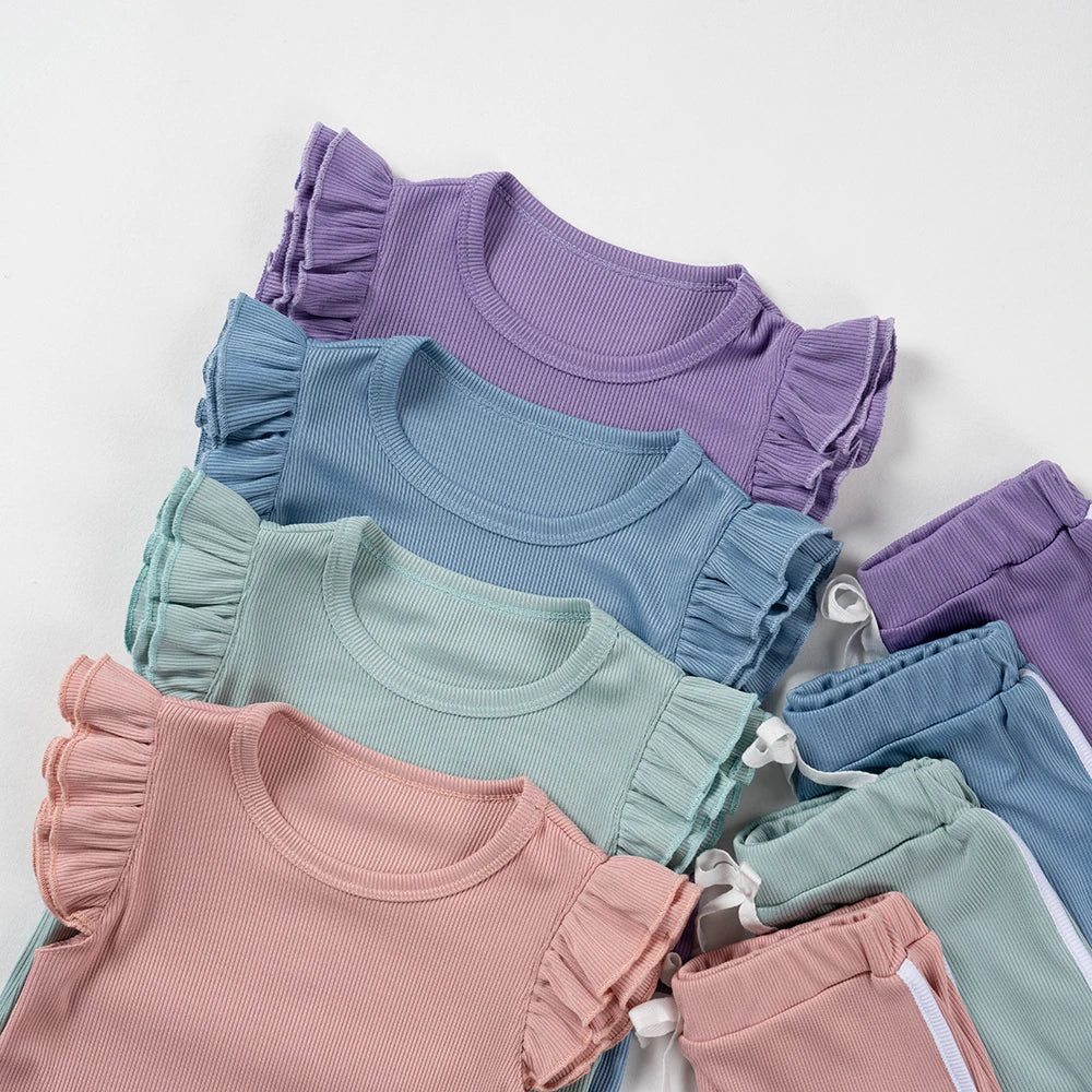 Summer Baby Cute Girl Fly Sleeve Shorts T-Shirt Set Ruffle Costume Set Kids Kids Shorts Casual Wear Oufits