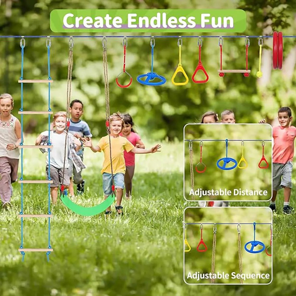 Warrior Obstacle Course For Kids, 55 FT Durable Slackline With 13 Obstacles-Swings, Monkey Bars, Arm Trainers And More, Weatherp