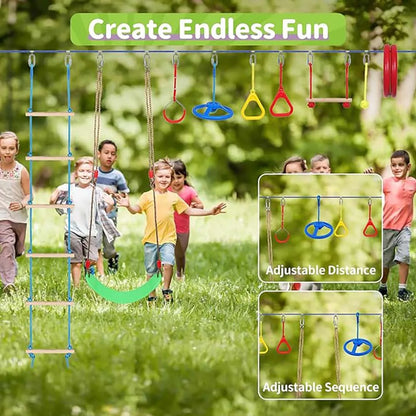 Warrior Obstacle Course For Kids, 55 FT Durable Slackline With 13 Obstacles-Swings, Monkey Bars, Arm Trainers And More, Weatherp