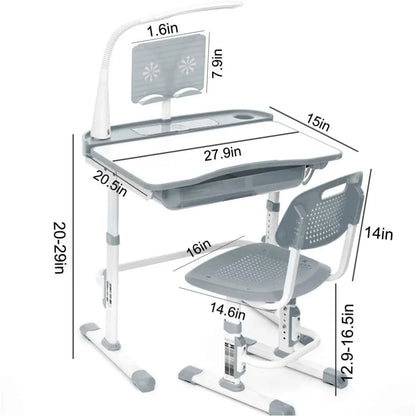Kids Desk and Chair Set, Children School Study Desk with Tilt Desktop, Bookstand, LED Lamp, for Boys Girls, (Grey)