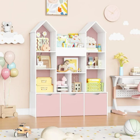 Toy Storage Organizer with Castle RoofLarge Kids Bookshelf Dollhouse with 3 Movable Drawers and 9 Storage Cubbies Toy Organizers