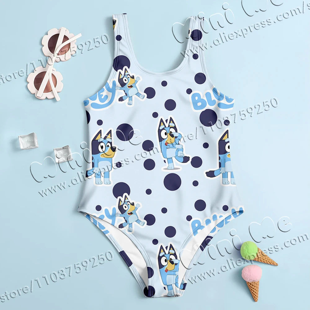 MINISO CuteBluey Print New Girl Summer One-Piece Swimsuit Fashion Cartoon Women Kids Swimwear Sleeveless Swim Clothing