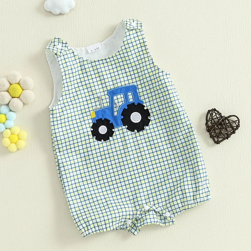 Toddler Boys Sleeveless Plaid Romper with Tractor Patch Crewneck Summer Jumpsuit for Casual Playtime in the Sun