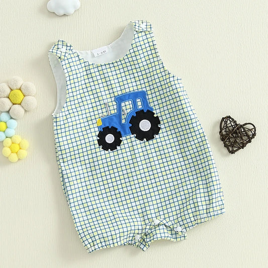 Toddler Boys Sleeveless Plaid Romper with Tractor Patch Crewneck Summer Jumpsuit for Casual Playtime in the Sun