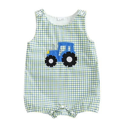 Toddler Boys Sleeveless Plaid Romper with Tractor Patch Crewneck Summer Jumpsuit for Casual Playtime in the Sun
