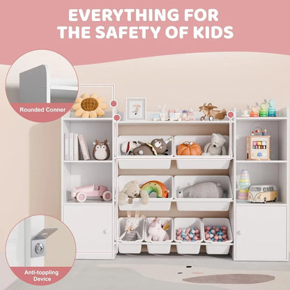 Kids Toy Storage Organizer W/8 Removable Toy Bins, 4-Tier Toy Organizers W/6 Storage Cubbies, Kids Bookshelf and Storage