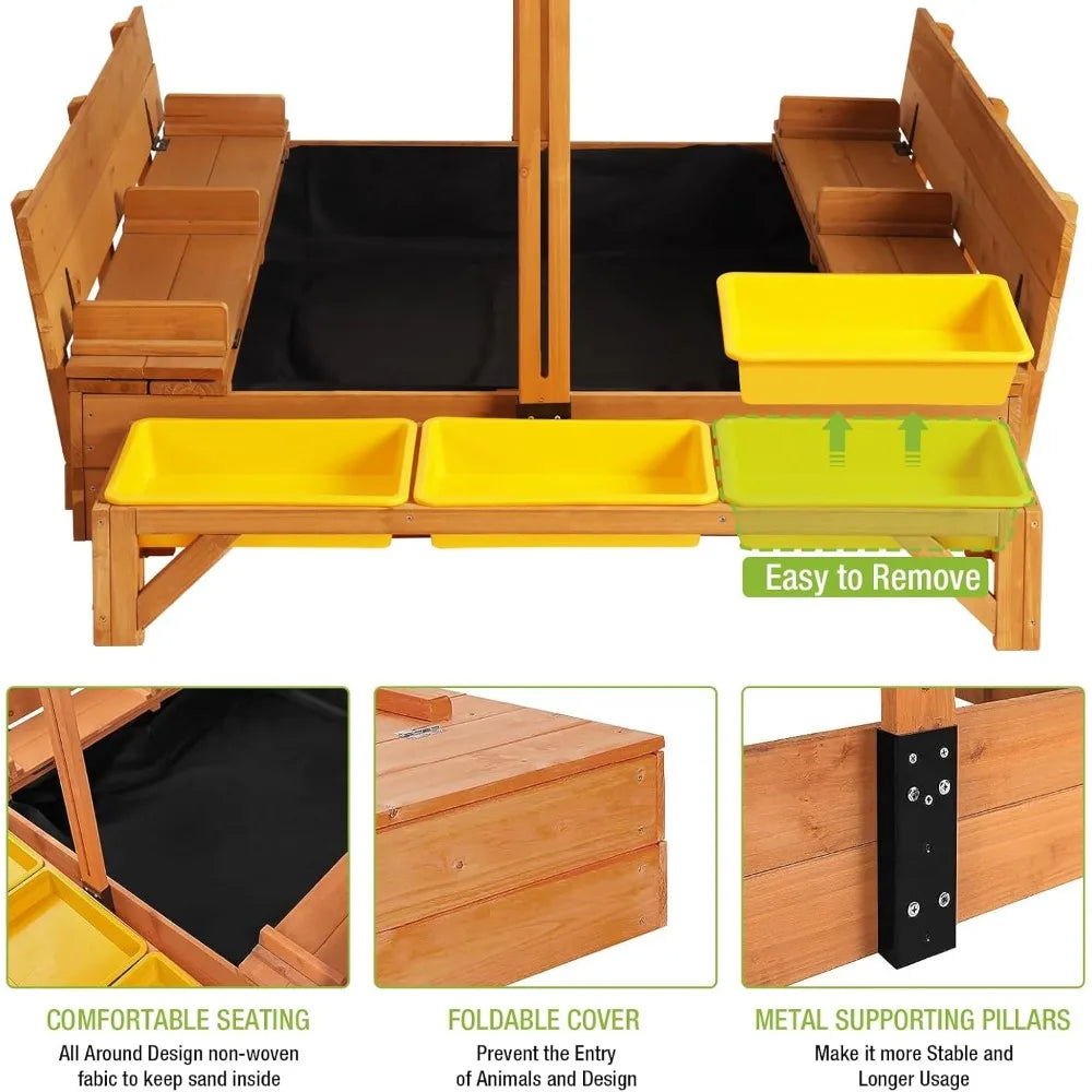 Wooden Sandbox Backyard Sand Box with Cover, Outdoor Sandbox for Kids with 3 Toy Bins