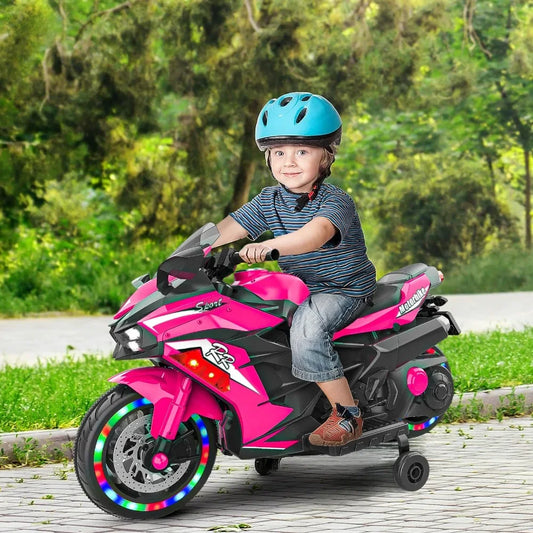 12V Electric Kids' Ride on Vehicles, Powered Toy Motorcycle, Child Motorcycle Ride on With Light Wheels and Bluetooth Music Pink