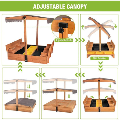 Wooden Sandbox Backyard Sand Box with Cover, Outdoor Sandbox for Kids with 3 Toy Bins