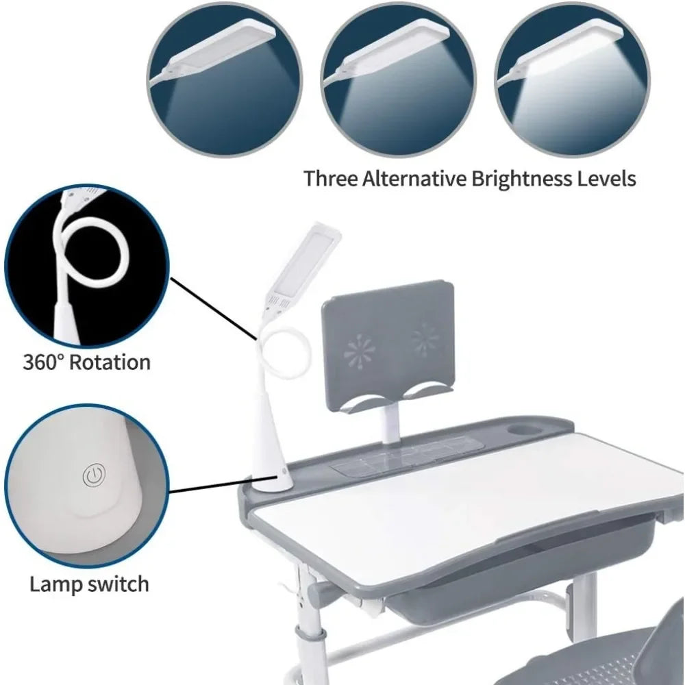 Kids Desk and Chair Set, Children School Study Desk with Tilt Desktop, Bookstand, LED Lamp, for Boys Girls, (Grey)