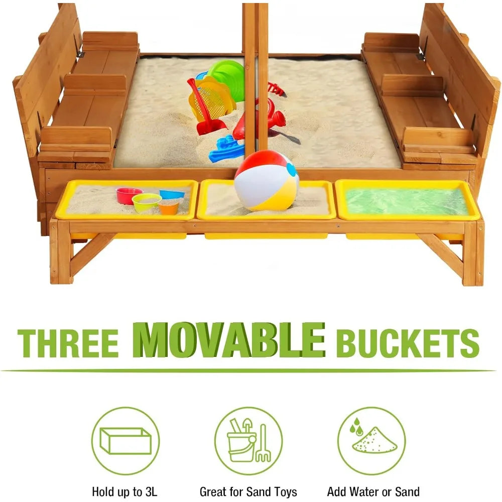 Wooden Sandbox Backyard Sand Box with Cover, Outdoor Sandbox for Kids with 3 Toy Bins